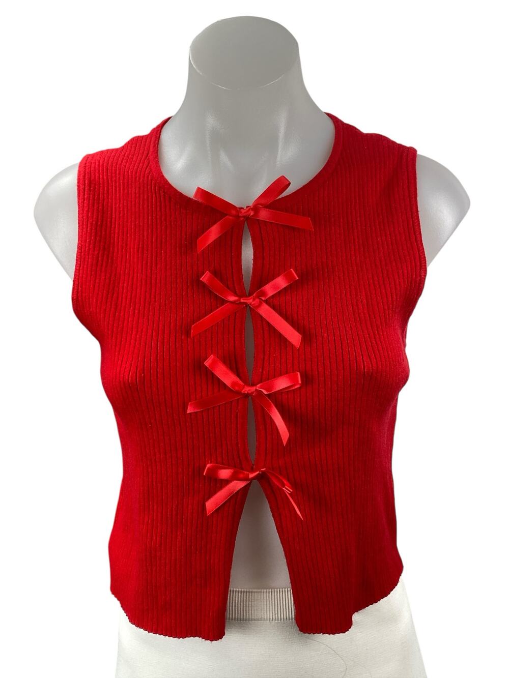 Le Lis Red Sleeveless Ribbed Knit Bow Ribbon Knit Cami Tank Blouse Crop Top M